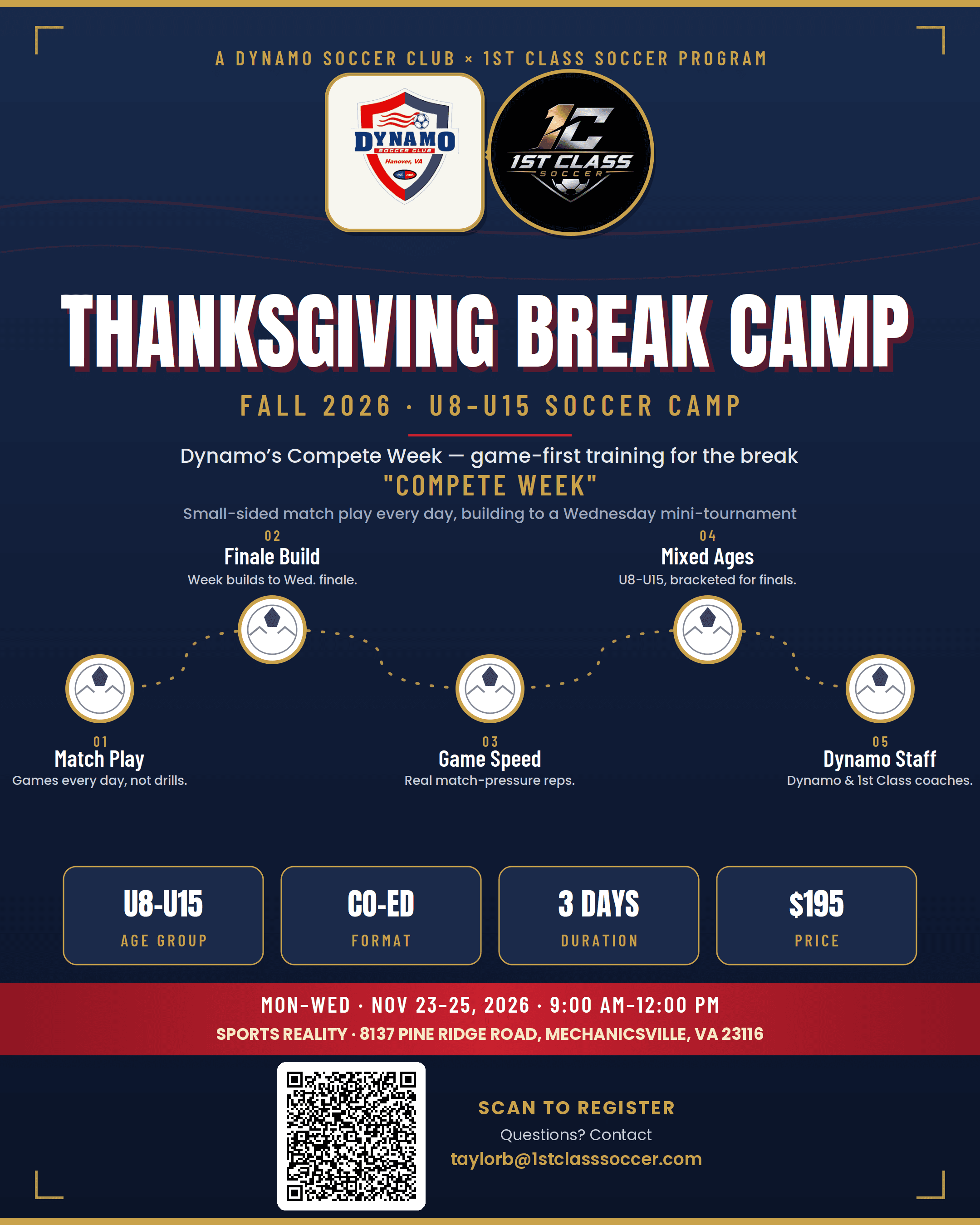Dynamo Thanksgiving Break Camp Compete Week 2026 flyer