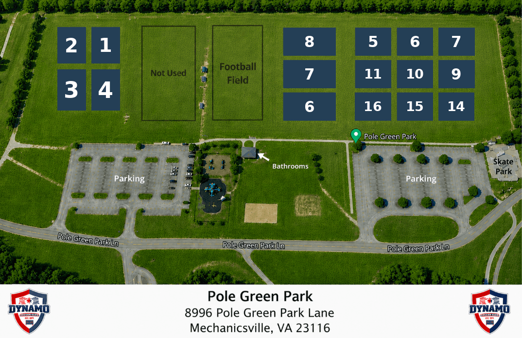 Pole Green Park field map showing recreation fields, parking, bathrooms, skate park, and Pole Green Park Lane