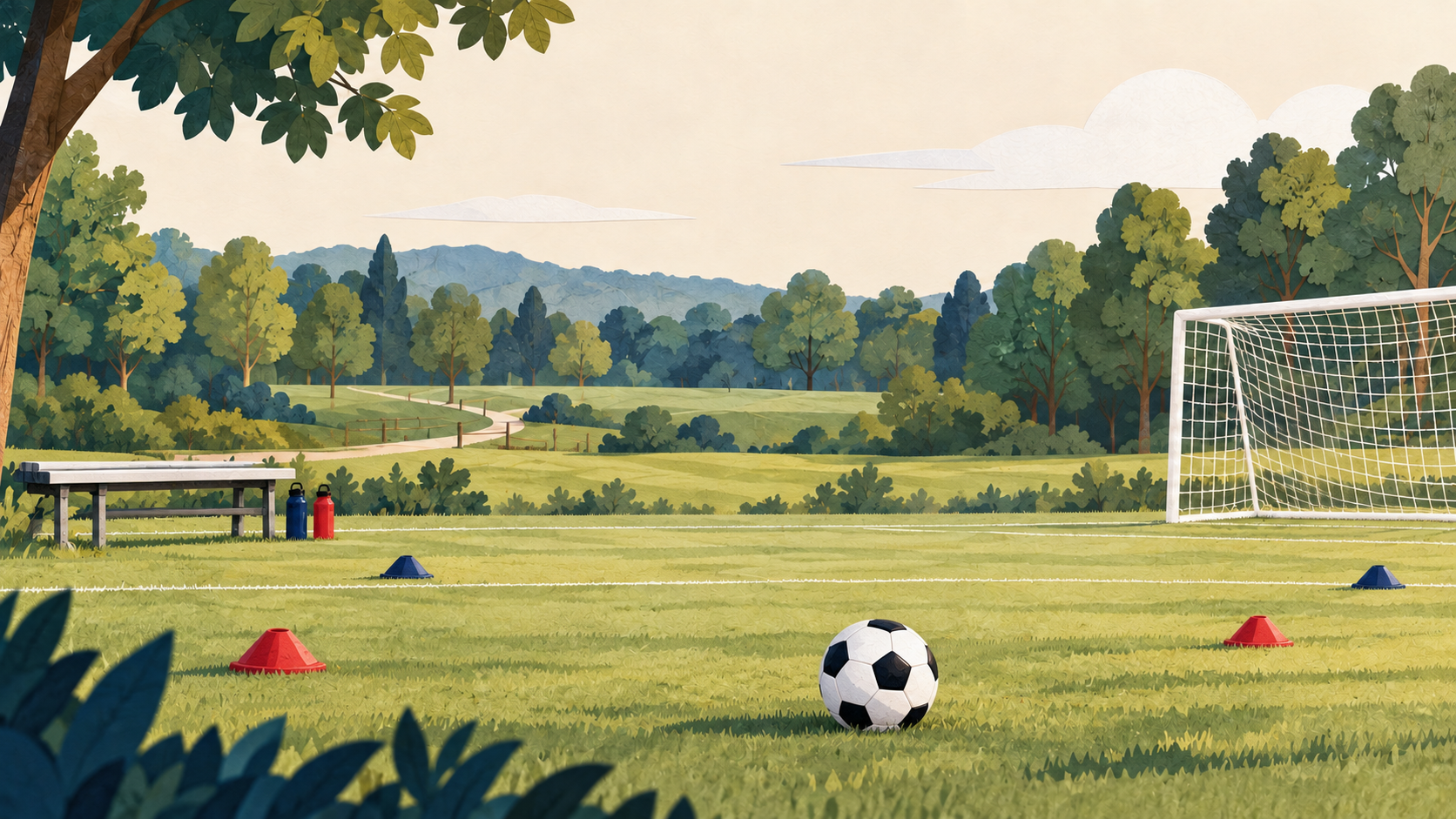 Illustration of a welcoming local soccer park with a goal, ball and sideline equipment