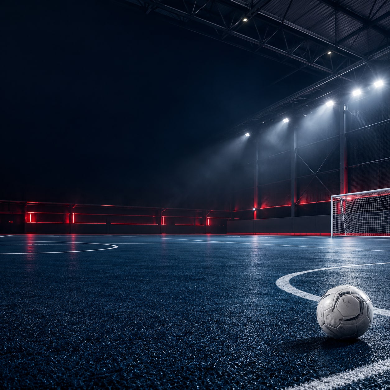 Indoor soccer atmosphere illustration, not a confirmed venue