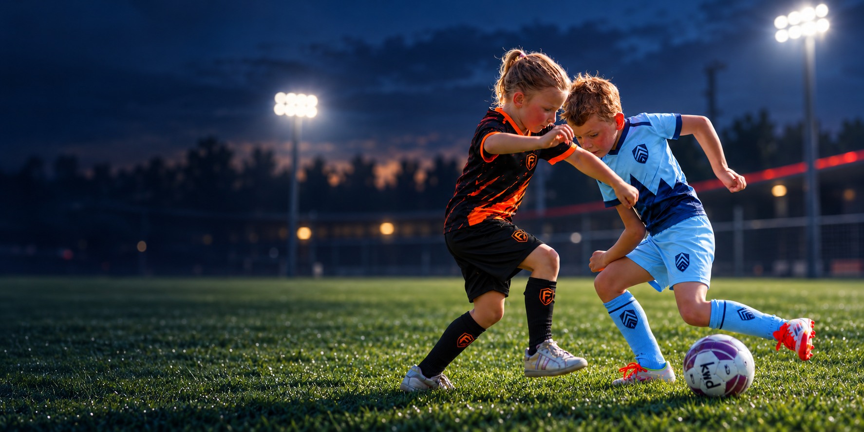 A girl in the current Forge kit and a boy in the current Elevate kit challenge for the ball in a cinematic stadium uniform and scene visualization