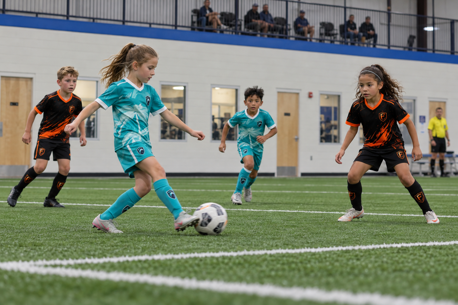 Supplied indoor action visualization of players in teal and black-orange kits