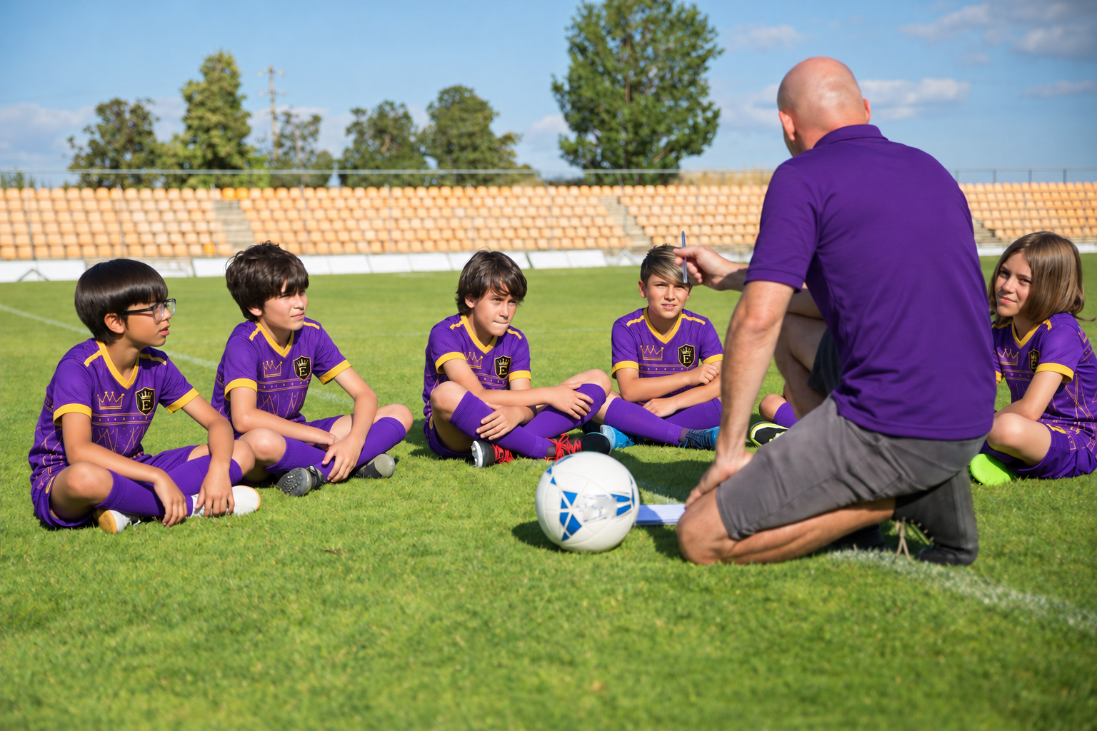Coach in a purple polo with players in approved purple Empire kits, program visualization