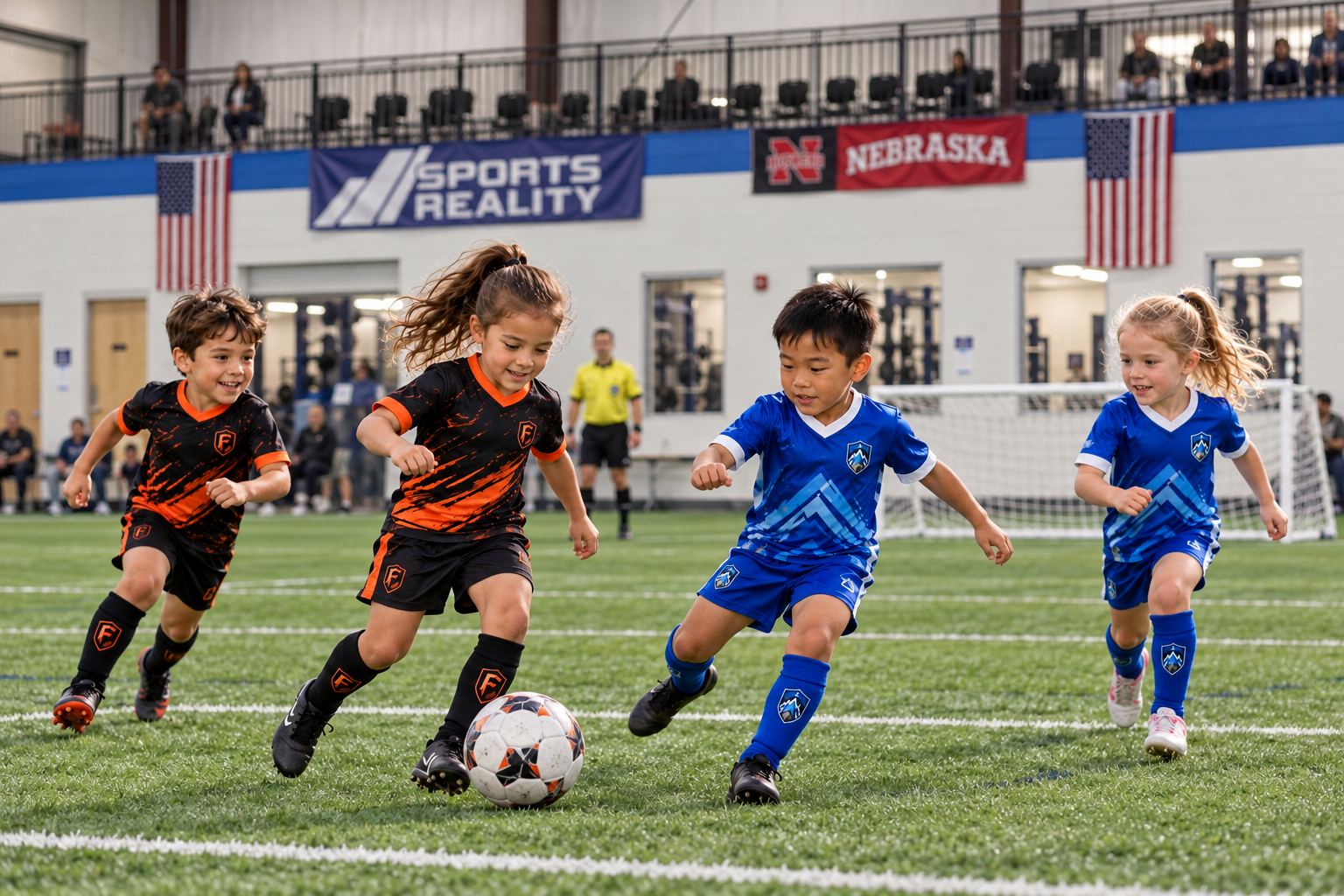 Supplied indoor kit visualization of younger players in black-orange and blue kits