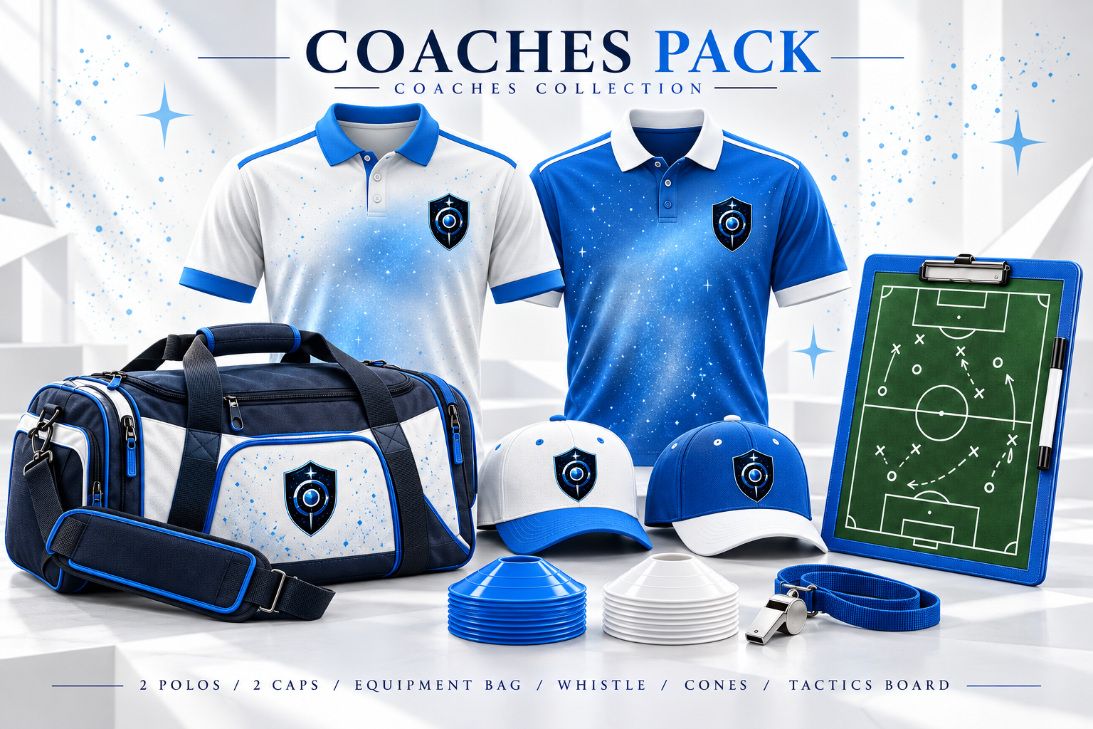 Coach Collection concept artwork with polos, caps, equipment bag, whistle, cones and coaching board