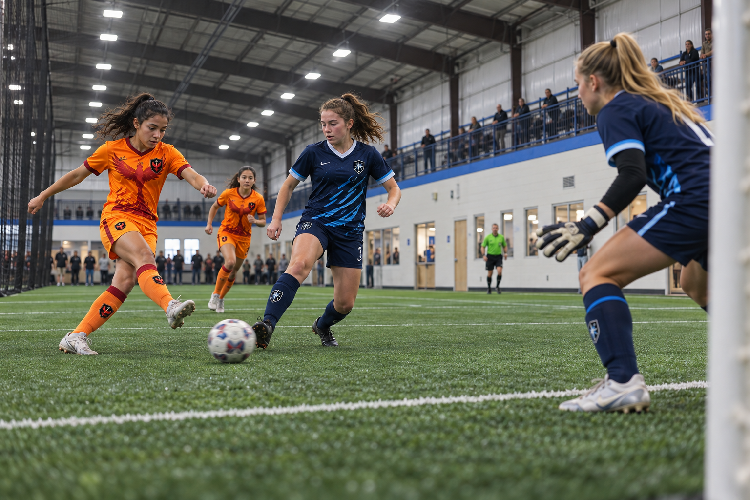 Supplied indoor program visualization showing older players in orange and navy kits