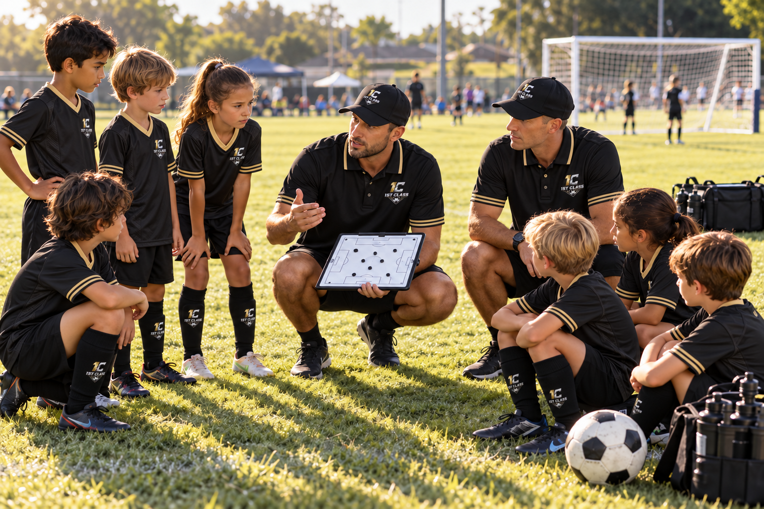 Coaches explaining a soccer exercise with a tactics board, supplied training visualization