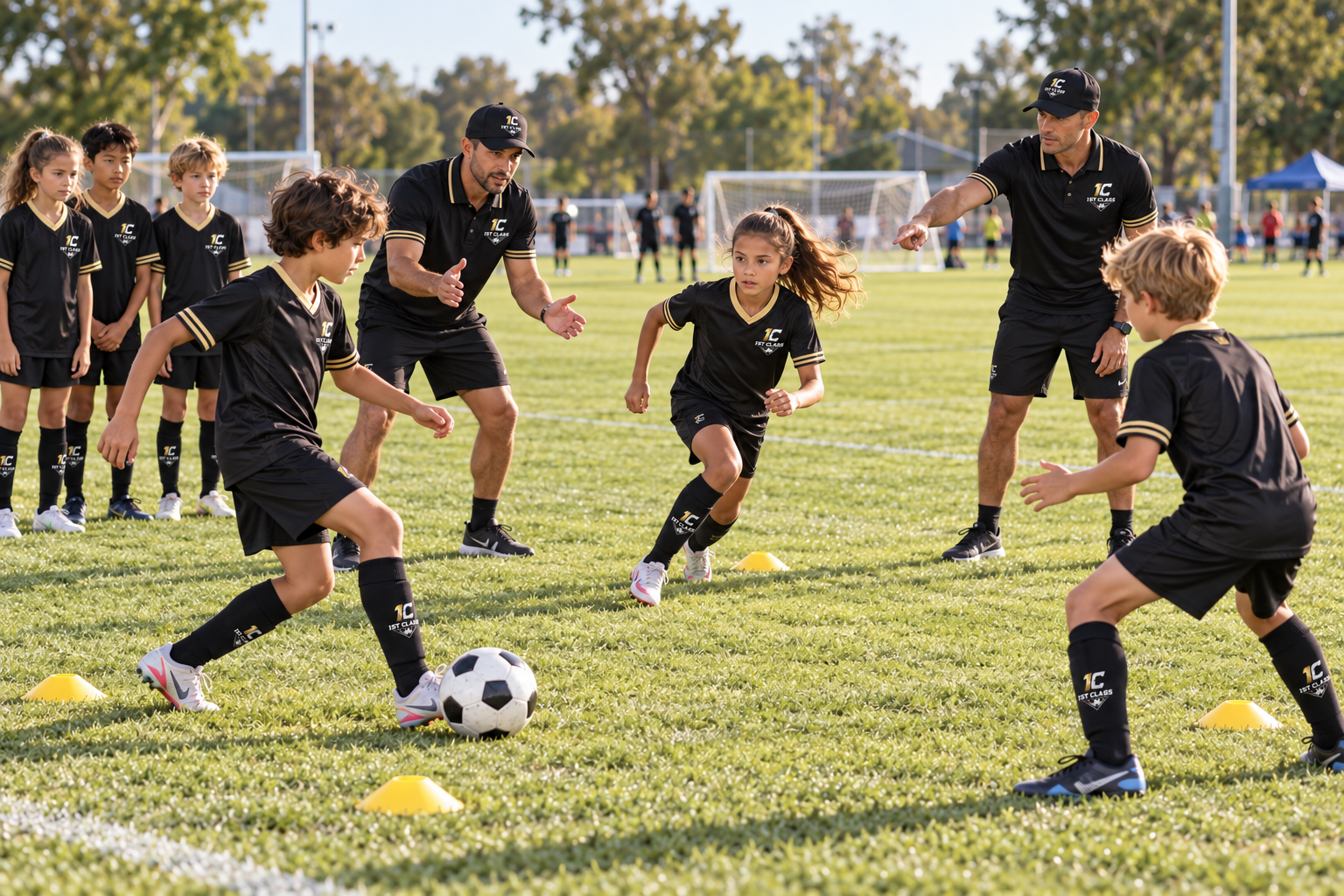 Coaches guiding players through an active soccer exercise, supplied training visualization