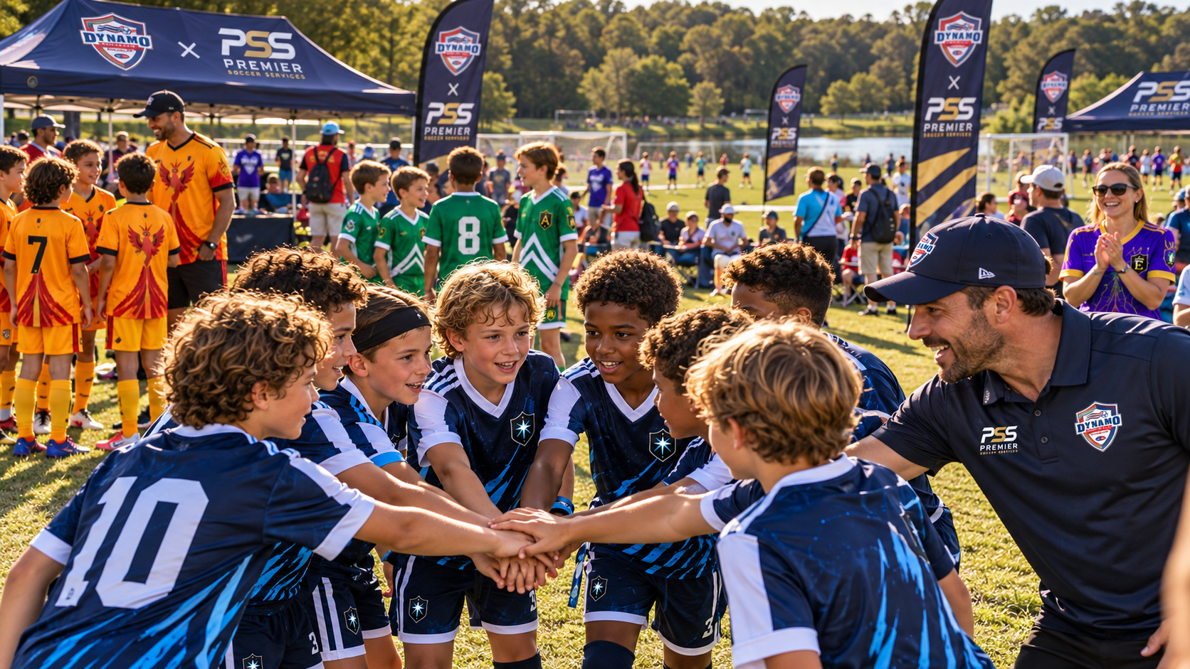A team huddle with a coach, supplied event and kit visualization