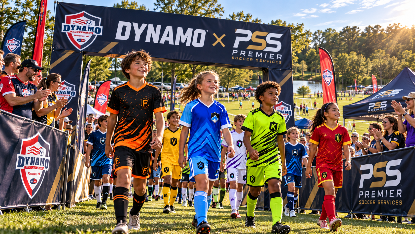 Players walking onto the field beneath Dynamo and PSS branding, supplied visualization